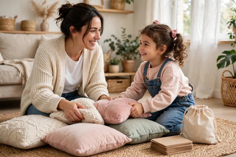 Mum and daughter arranging cushions to build a cosy phonics practice corner