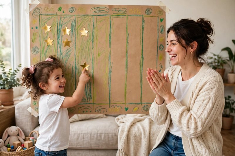 Daughter pressing a gold star onto a seven-column progress chart