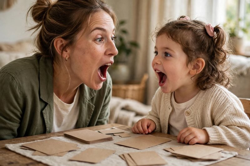 Mum exaggerating the sss mouth shape while her daughter copies her