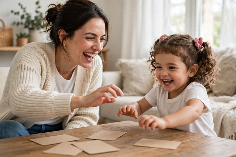 Giggling girl slithering her arm like a snake while Mum mirrors her
