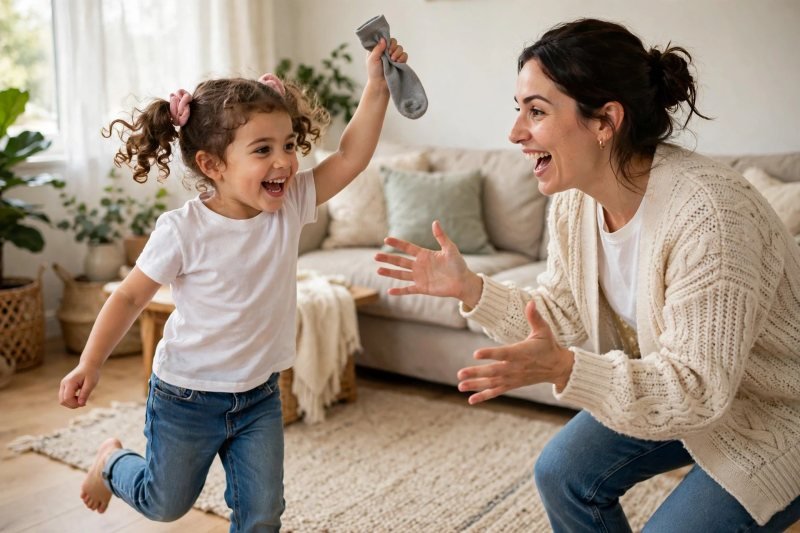 Girl holding up a sock found in a phonics sound hunt at home