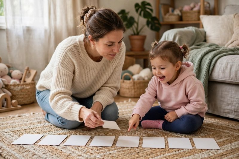 Mum laying out blank cards in a row for a warm-up recap game