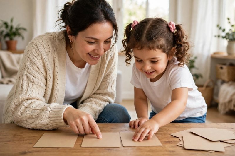 Mum sliding a finger beneath cards as daughter pushes them together