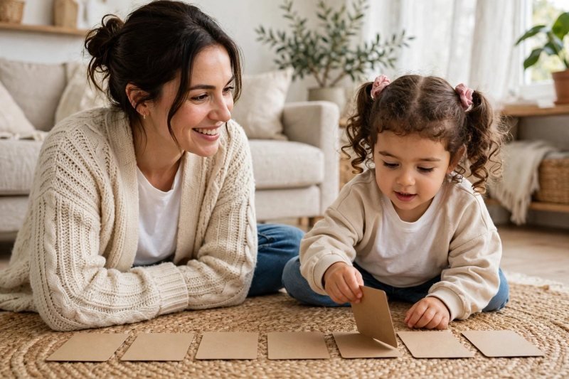Daughter flipping a face-down card while Mum watches with pride