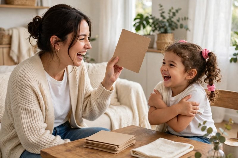 Mum holding a digraph card as daughter does the best-friends action