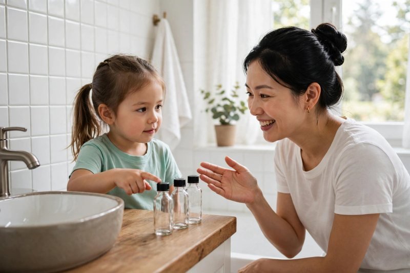 A mother shows her young daughter three small bottles lined up on a bathroom counter.