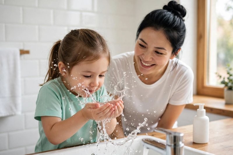 A 5-year-old girl splashes lukewarm water on her face at a bright bathroom sink.