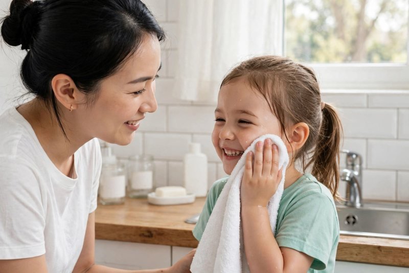 A smiling young girl gently pats her cheek dry with a soft white towel.