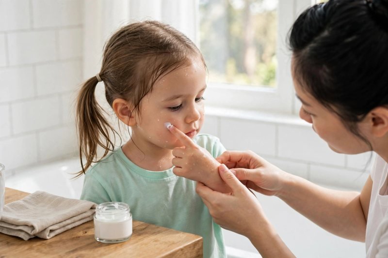 A young girl dots moisturizer onto her damp cheek while her mother guides her hand.