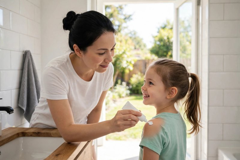 A mother applies sunscreen to her daughter's shoulder before outdoor play in sunlight.