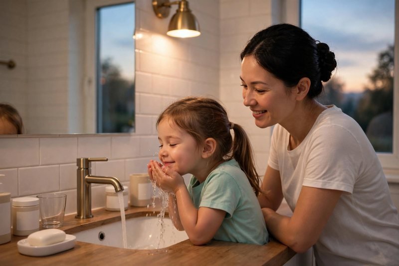 A 5-year-old girl washes her face at the sink in warm evening bathroom light.