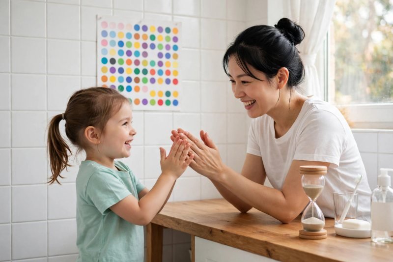 A girl and her mother clap along beside a sand timer during their skincare routine.