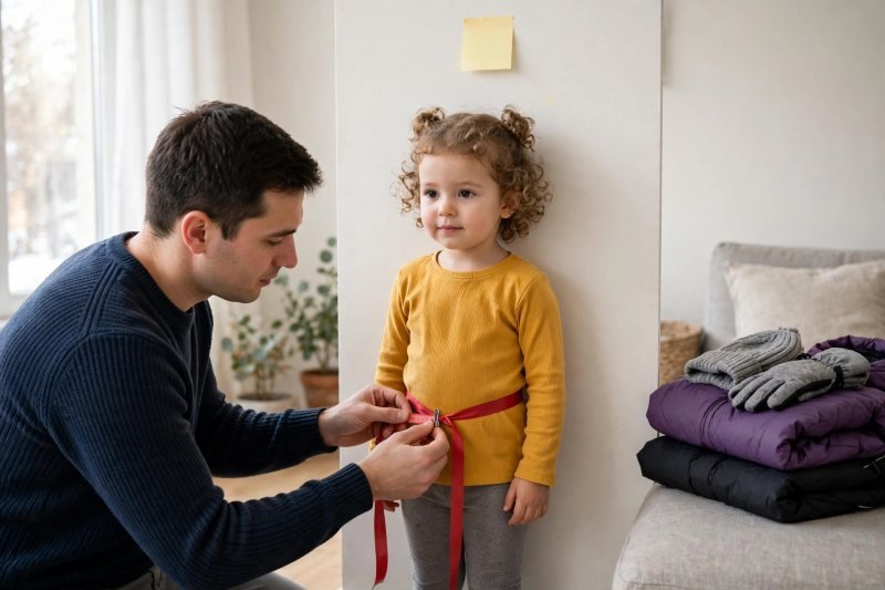 A father measures his daughter's waist with a red ribbon and a clip.