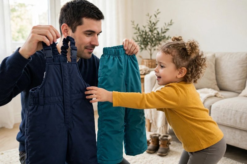 A father holds up snow bibs and regular snow pants while his daughter chooses.