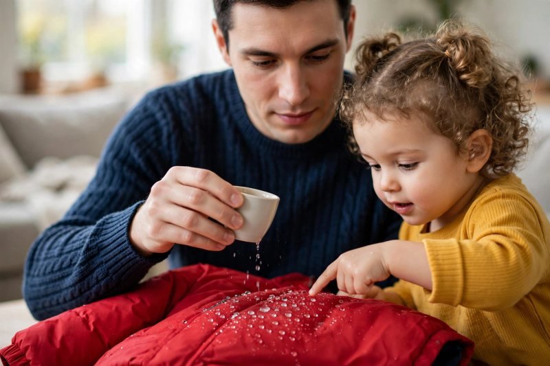 A father sprinkles water on a red jacket; droplets bead while his daughter points.