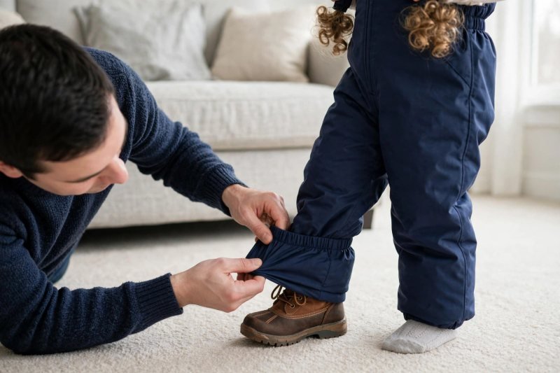 A father pulls a snow bib's elastic cuff down over a winter boot.