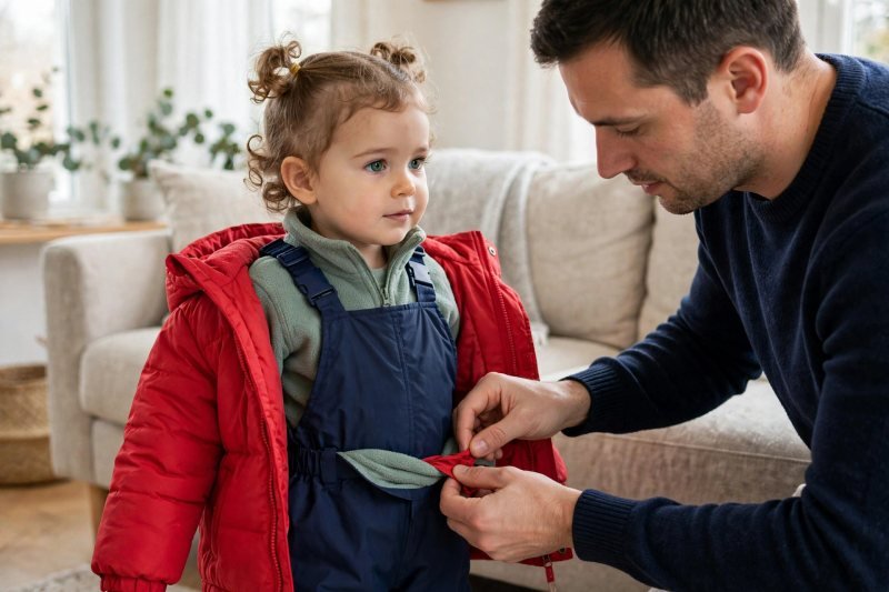 A father checks a jacket's waist overlap over bibs and a fleece layer.