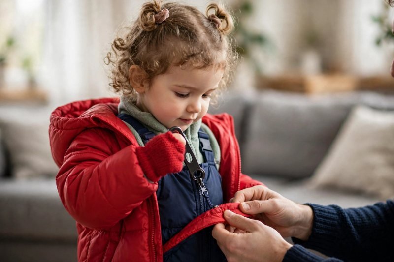 A girl pulls a big jacket zipper with a mittened hand, father guiding.