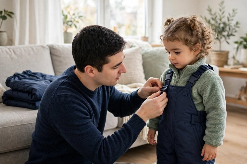 A father shortens a snow bib's shoulder strap buckle to fit his daughter.