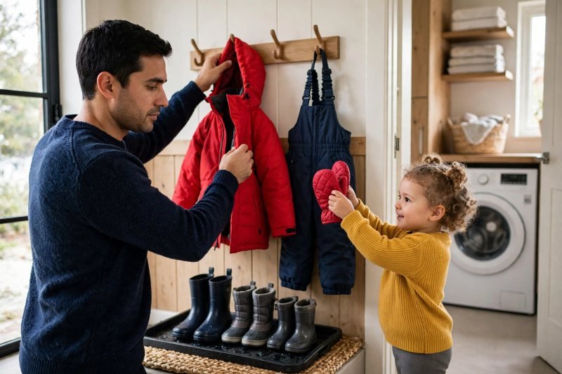 A father hangs snow gear on entryway hooks while his daughter hands him mittens.