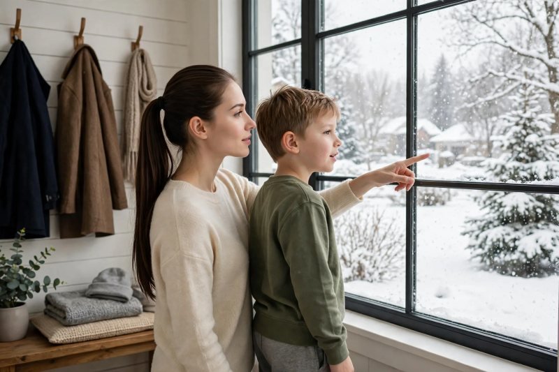 Mother and son looking out the window at falling snow together