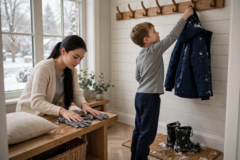 Boy hanging his snowy coat on a hook after coming home