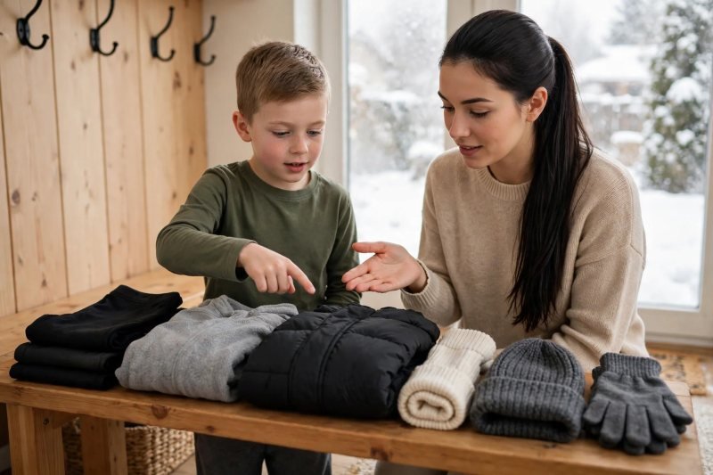 Boy pointing at winter layers laid in order on a bench