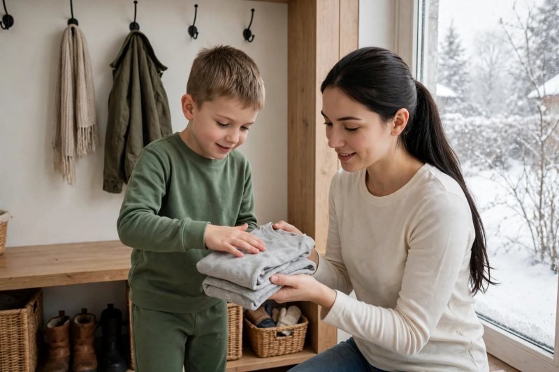 Boy feeling the smooth fabric of a folded thermal base layer set