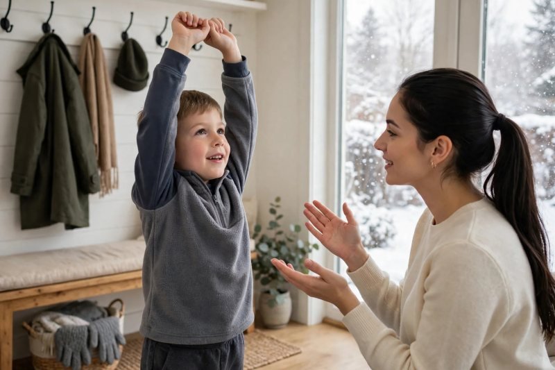 Boy stretching both arms overhead to test his fleece layer fit