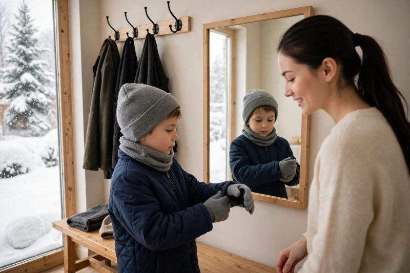 Boy checking hat gaiter and gloves in an entryway mirror