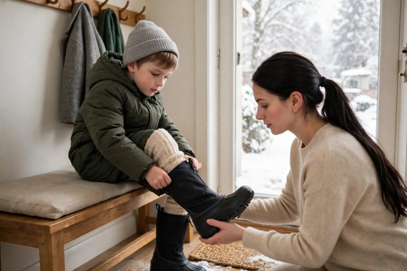 Boy pulling a snow boot over a thick wool sock