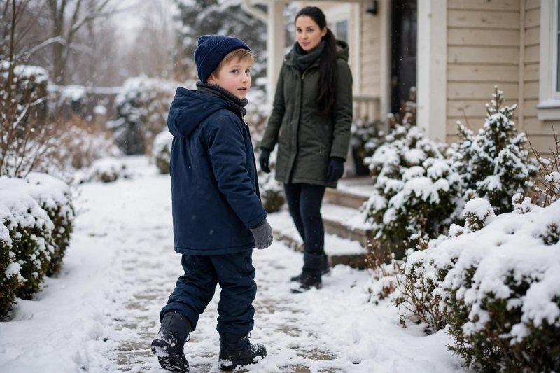 Boy in full winter gear walking a snowy path with mother