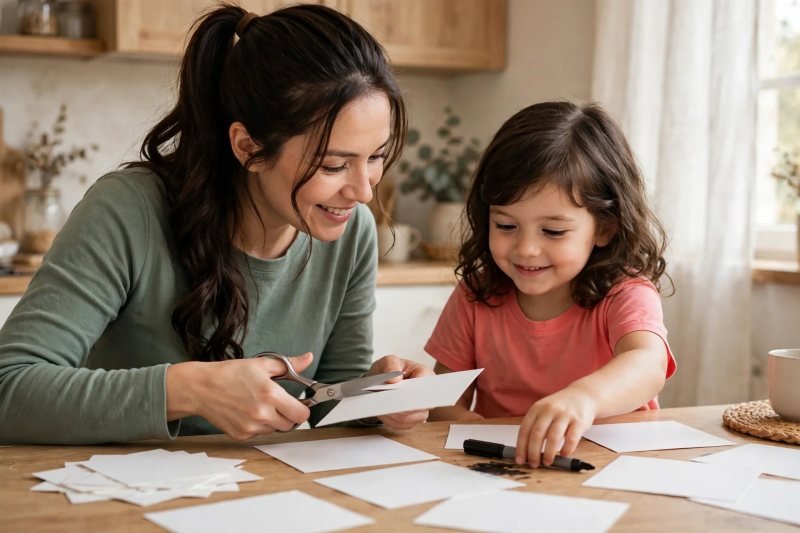Mother cutting index cards while her daughter reaches for a marker at the kitchen table