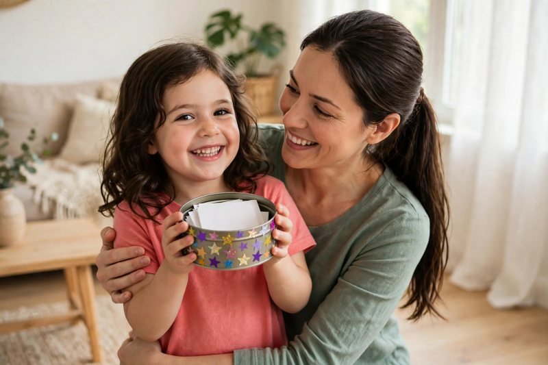 Proud girl holding her sticker-covered Word Bank tin as her mother hugs her