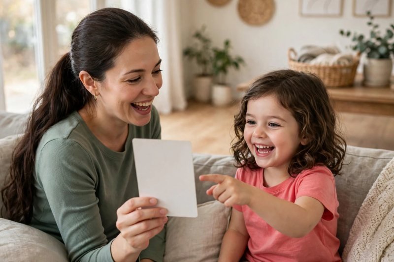 Mother and laughing daughter reading a blank word card together on the living-room couch