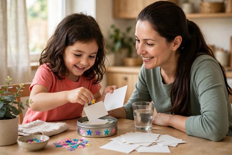 Girl pressing star stickers onto her tin Word Bank while her mother smiles beside her