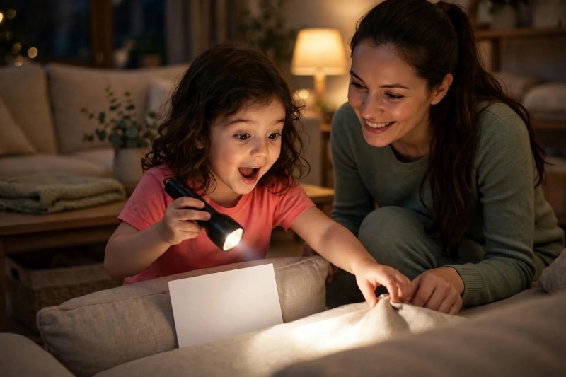 Girl shining a flashlight onto a hidden word card in a dim living room