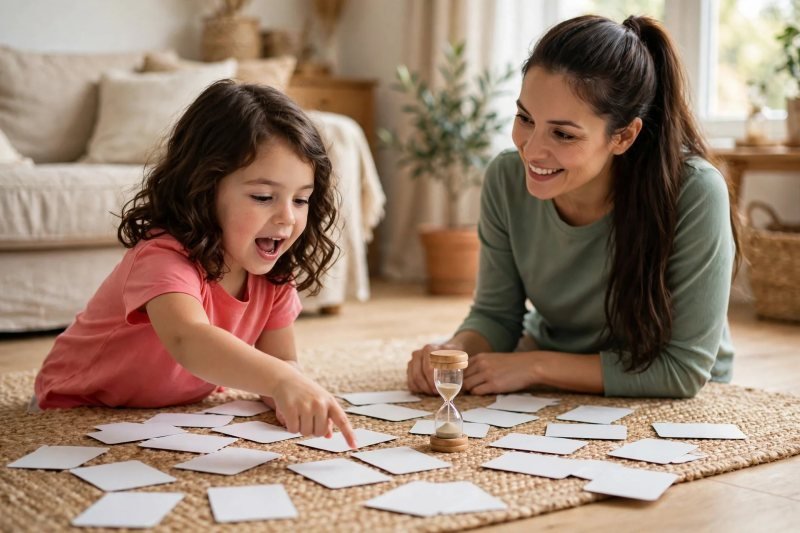 Girl pointing at word cards on the rug beside a sand timer during beat-the-clock