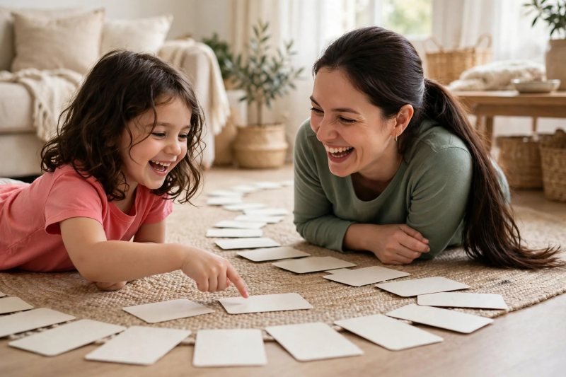 Mother and daughter following a winding train of word cards across the floor