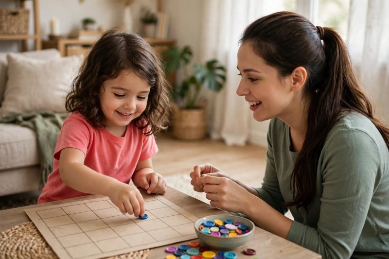 Girl placing a button onto her homemade word bingo grid beside her mother