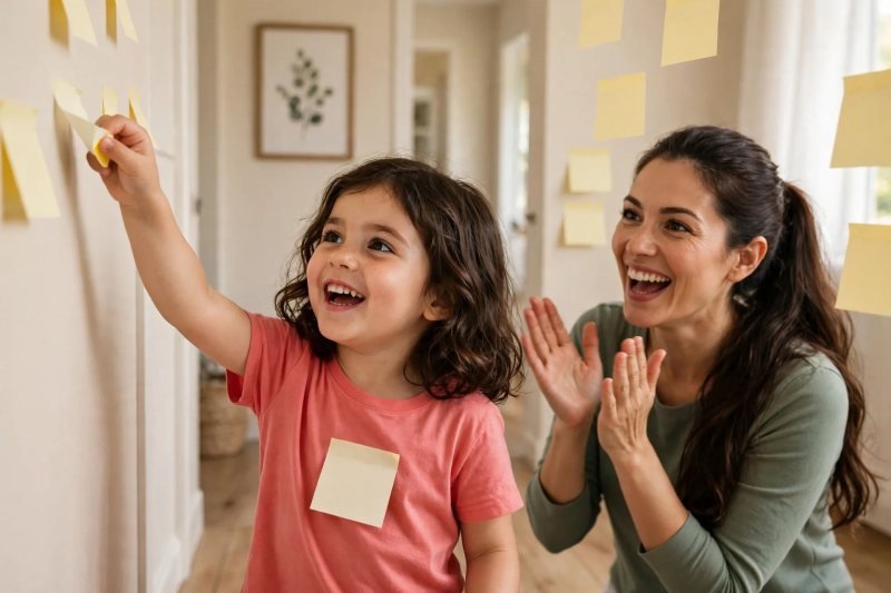 Girl peeling a sticky-note word card off the wall with one stuck to her shirt