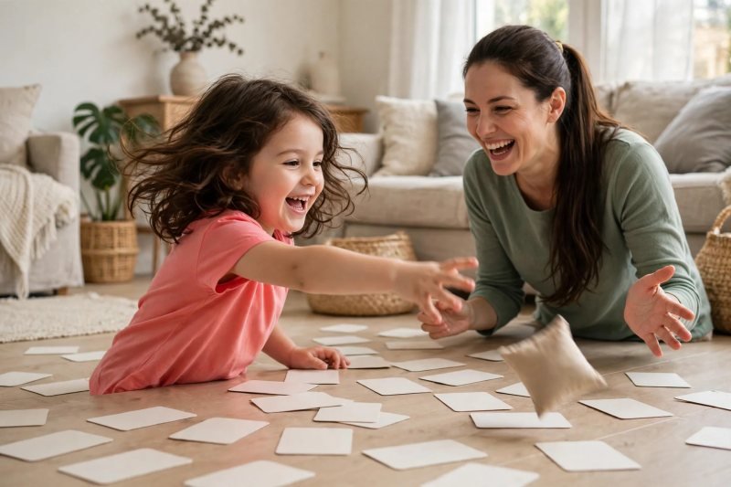 Girl tossing a beanbag toward scattered word cards on the living-room floor