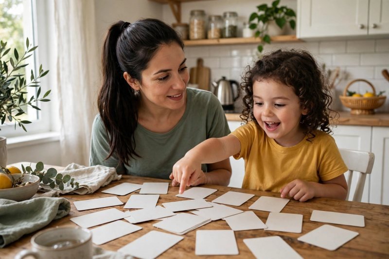 Mother and daughter choosing blank cards for their letter game at the kitchen table