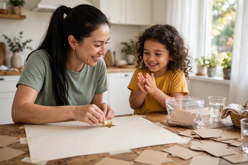 Mother sticking a star on a paper chart while her smiling daughter tidies letter cards