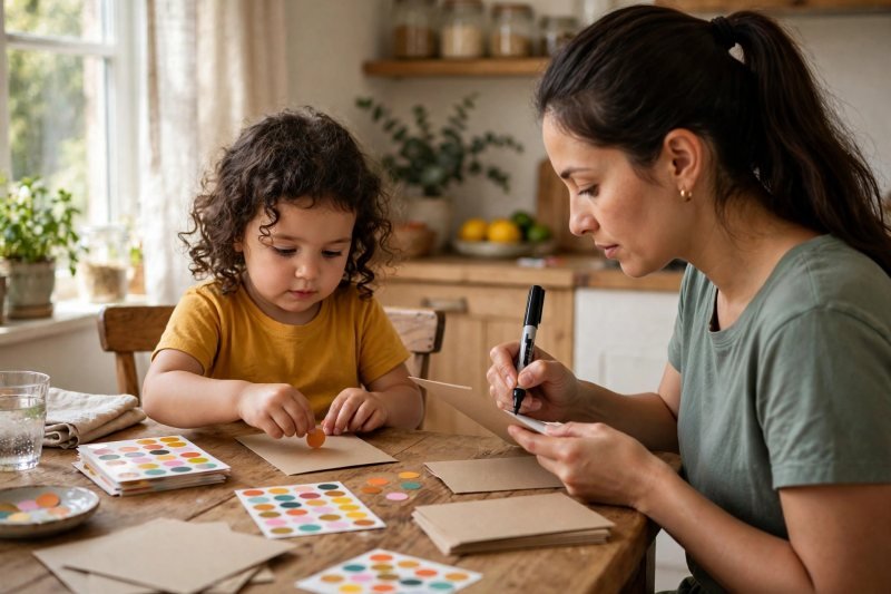 Mother writing on a letter card while her daughter decorates backs with dot stickers