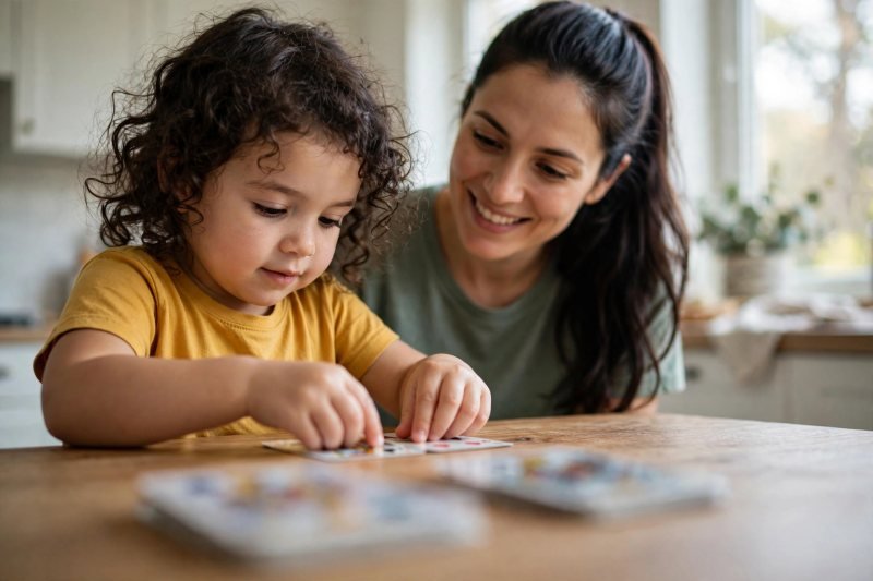 Little girl's hands pairing matching letter cards face up on a kitchen table