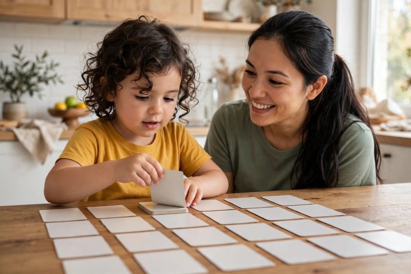 Girl flipping over a face-down card during a memory matching game with her mother