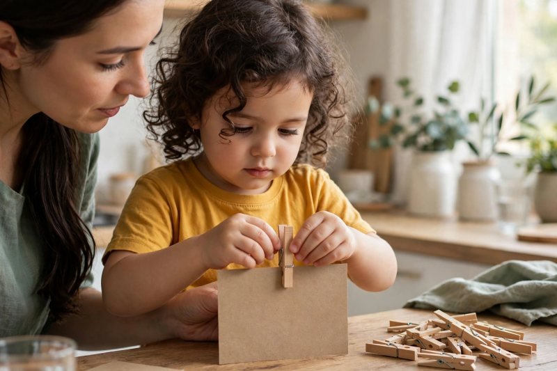 Child's hands clipping a wooden clothespin onto a letter card at the kitchen table