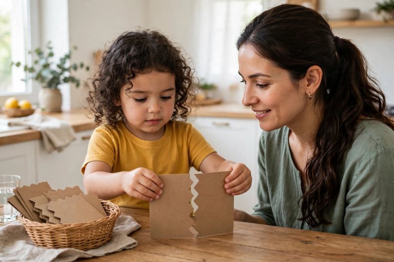 Little girl joining two wavy-cut card halves into a complete letter puzzle piece