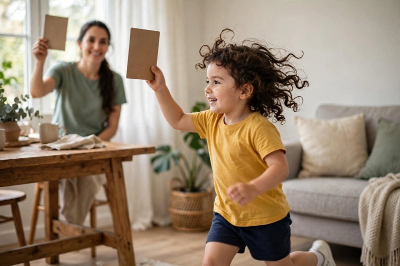Girl running across the living room holding a hidden letter card for the scavenger hunt